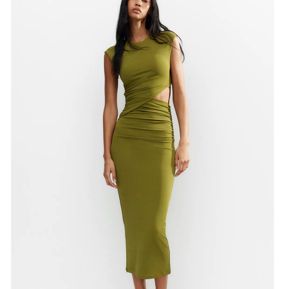 Zara Olive Midi Dress with Side Cutout